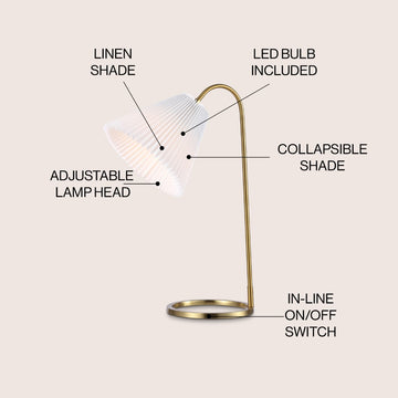 Callie 22" Modern Glam Metal Arc Adjustable Head LED Table Lamp with Pleated Shade - JONATHAN Y